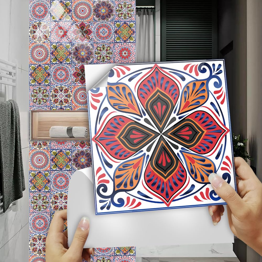 20 naklejek na płytki, samoprzylepne naklejki na ścianę do łazienki i kuchni, odporne na olej, łatwe do odklejenia i umieszczenia na podłodze w stylu retro (12 x 11,8 cm, kwiat Ros