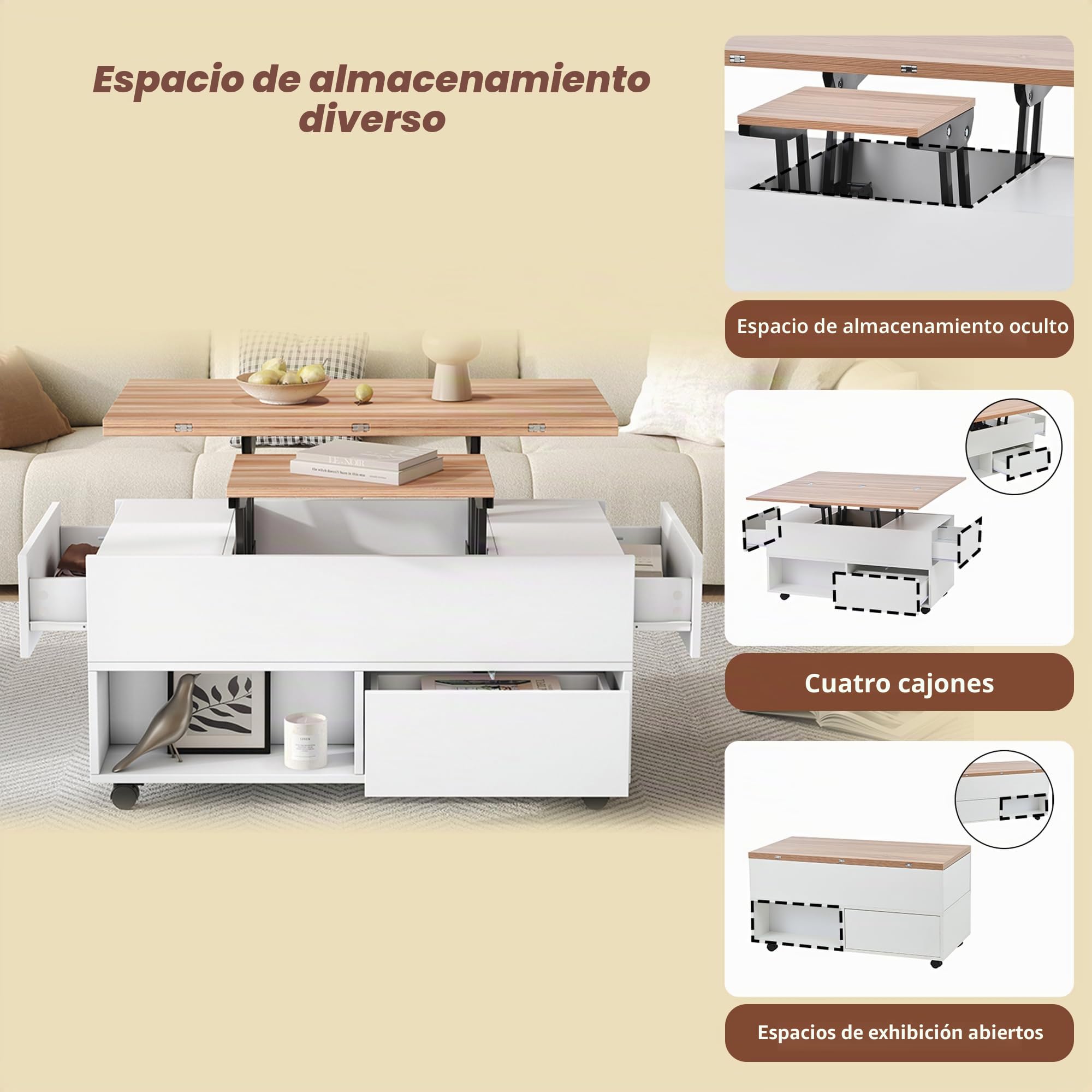 Mesa de centro 100 x 50 x 52 cm con 4 ruedas, mesa de salón multifuncional con 4 cajones, mesa de café elevable, mesa de sofá, mesa auxiliar y mesa de comedor con espacio de almacenamiento, color