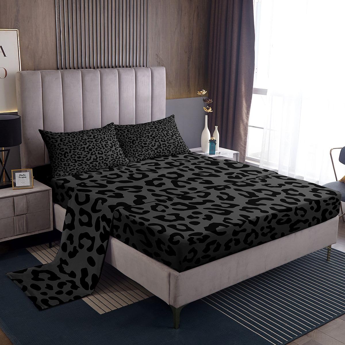 Ombre Black Leopard 4 Pieces Sheet With 26 Inch Deep Pockets Kids Animal Print Bedding Full Size Safari Bed Sheets Set for Women Men Room Decor Breathable Soft Microfiber Cheetah With 2 Pillow Case
