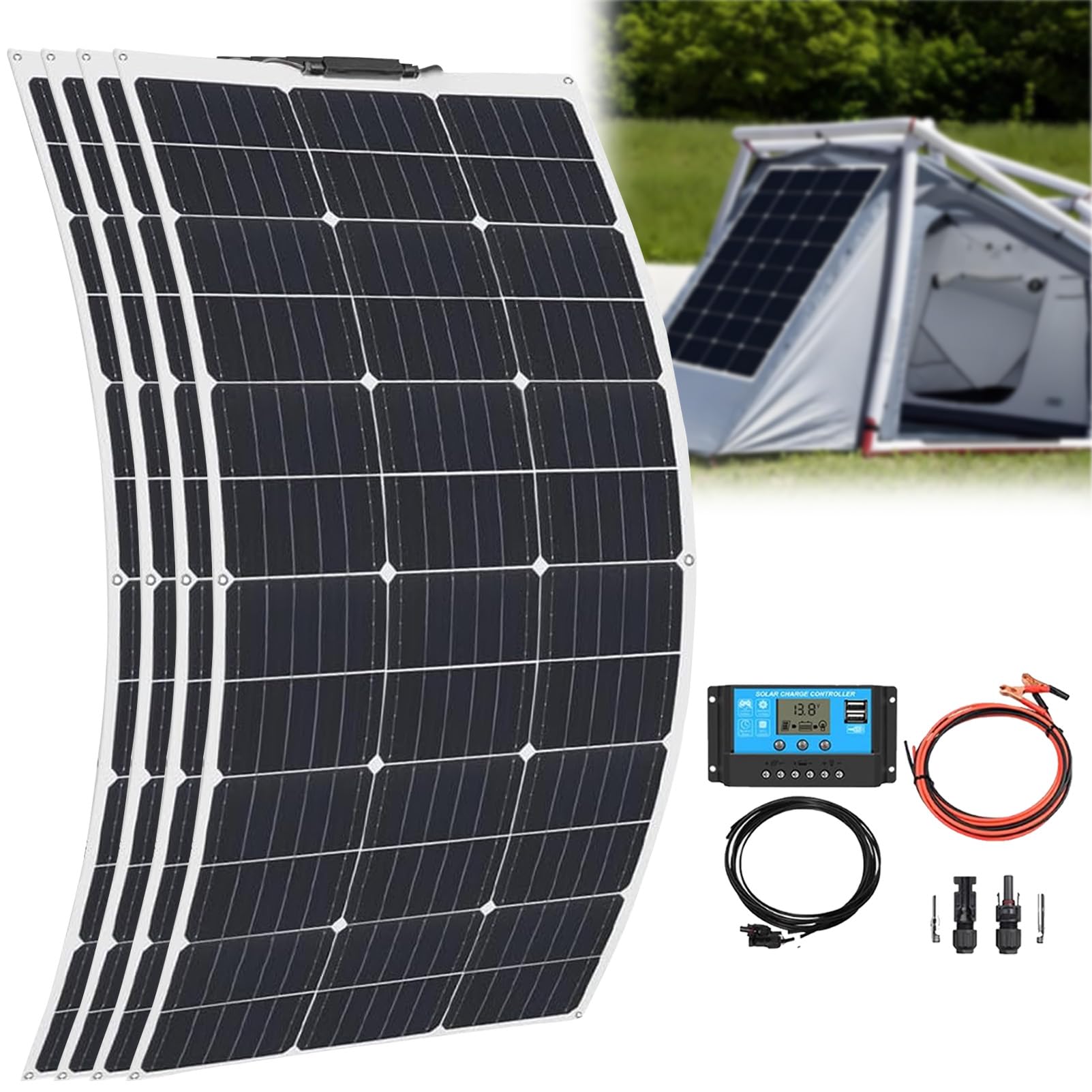 Pannello Solare, Pannello Solare Flessibile Monocristallino, 600w 18v, con Regolatore di Carica, con 10a Regolatore Solare, per Campeggio, Auto, Marina, Tetto. 4×200w