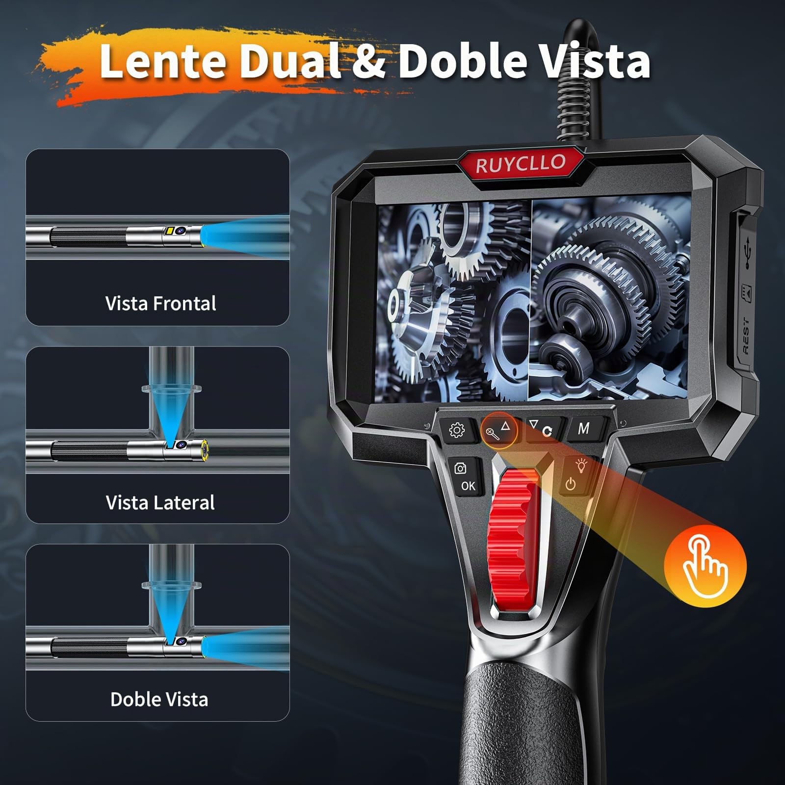 Lente Doble Endoscopio Industrial con Pantalla 4,3" y Cámara 1920P, Cámara Endoscópica con Luz LED, Sonda Ø6,5 mm Articulada 210°, IP67, Tarjeta SD 32 GB Incluida – Coches y Mantenimiento Técnico
