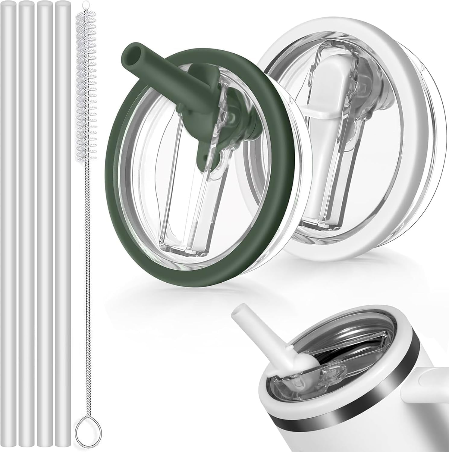 Stanley Cup Deckel Auslaufsicher,2 Stück Stanley Tassendeckel Auslaufsicher, Abnehmbar Ersatzdeckel für 40oz,Auslaufsicherer Ersatzdeckel für mit 4 Trinkhalmen and 1 Strohhalm Bürste