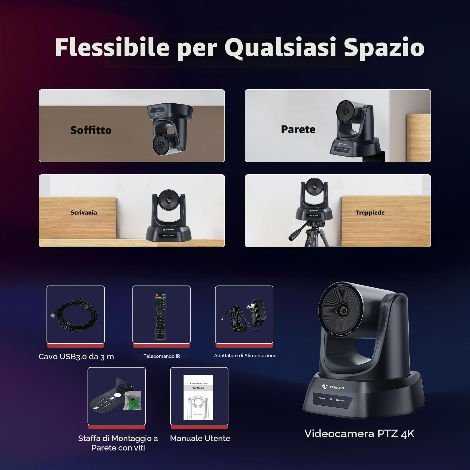 TONGVEO Telecamera da conferenza PTZ 4K con tracciamento automatico AI, zoom ottico 3x, grandangolo, 1080P/30fps (HDMI/USB 3.0), ideale per chiesa, riunioni, apprendimento online (zoom, YouTube, OBS).
