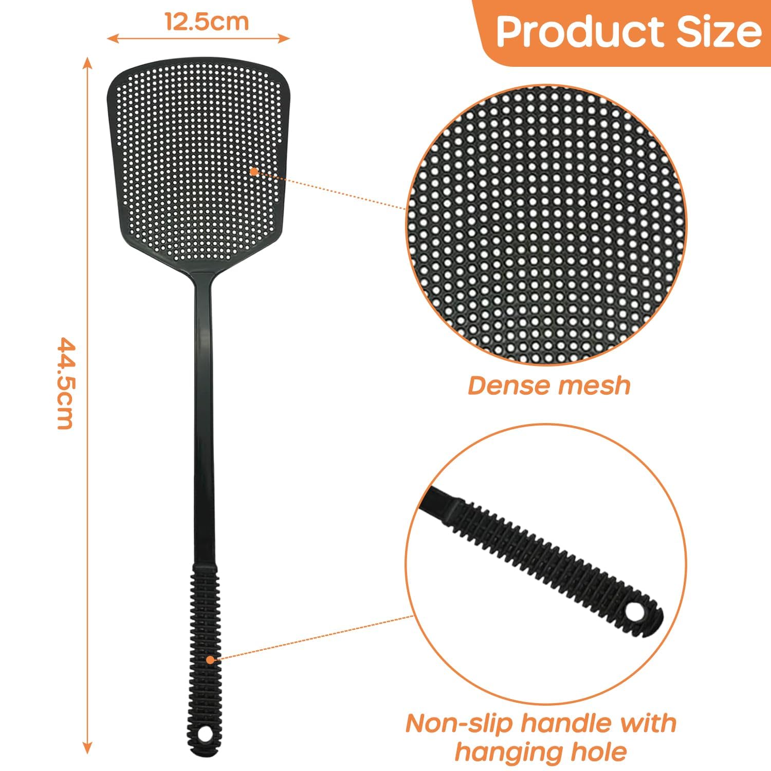 Set di 4 scacciamosche stabili manuali per mosche, zanzare, in plastica, con manico lungo, grande superficie d'impatto, per mosche, zanzare e insetti, colore nero