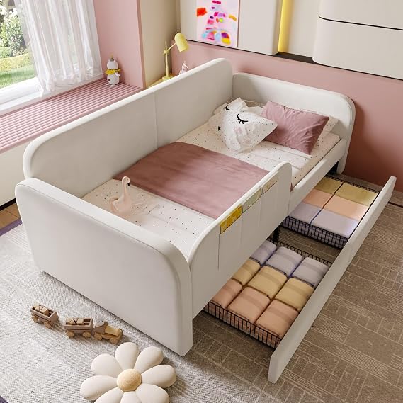 PUGSDRLY Lit Banquette Enfant en Velours avec 2 Tiroirs et Poches de Rangement (90 x 200 cm)