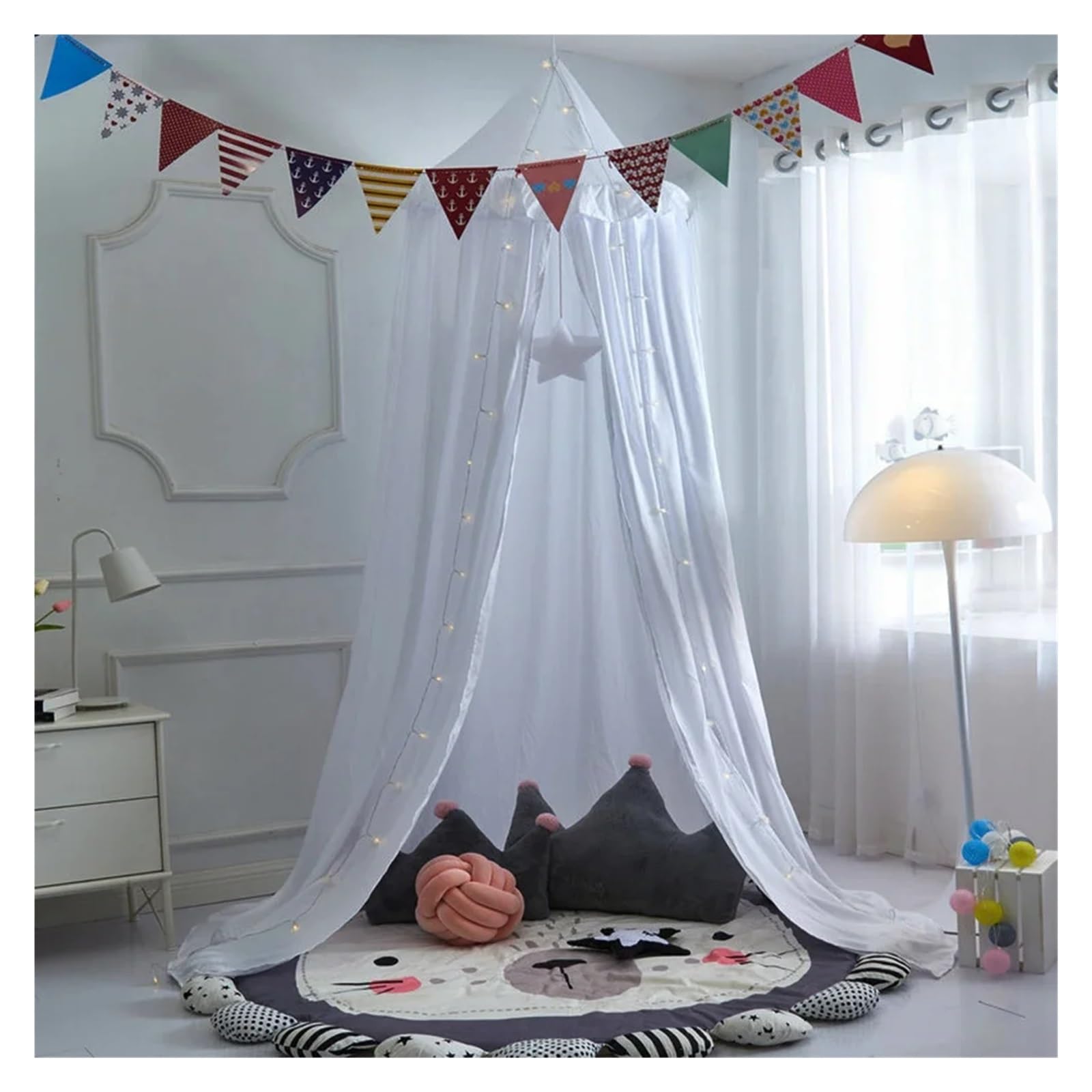 KiddiBubzi Bed Canopy For Kids Tassel Ruffle Edge Bed Canopy Round Dome Hanging Indoor Castle Play Tent Children Room Decoration Bed Tent(White Ruffle Edge)