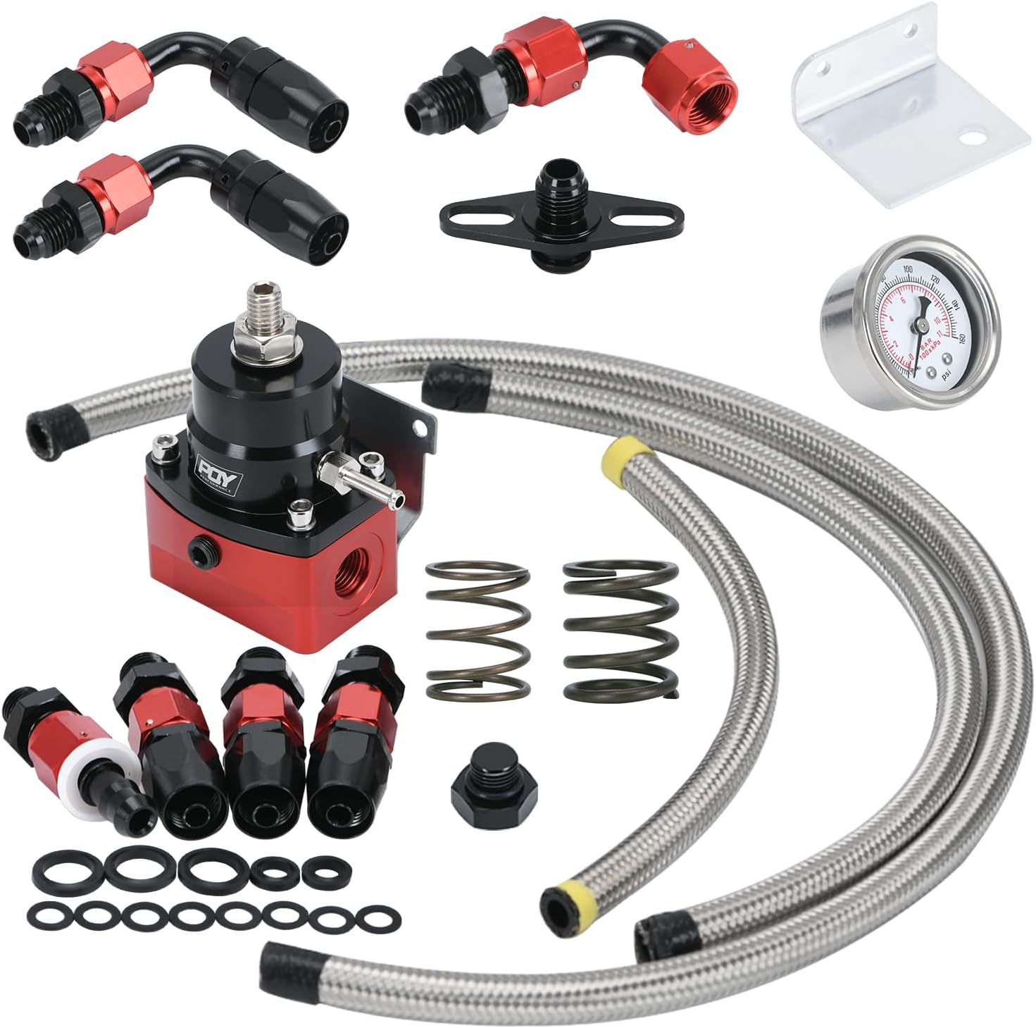 PQY Adjustable Fuel Pressure Regulator Kit 3-70 PSI AN6 Ports E85 E85/Gasoline Compatible w/ Braided Lines & Gauge