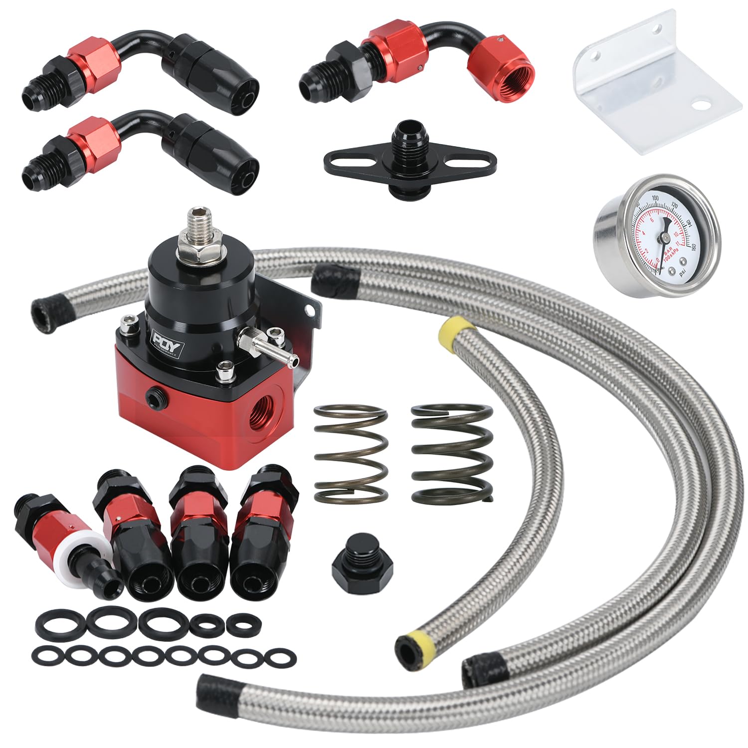 Photo 1 of PQY Adjustable Fuel Pressure Regulator Kit 3-70PSI With 6AN Return and 6AN feed Port with AN6-6AN Fuel Line Hoses Connectors (black+red)