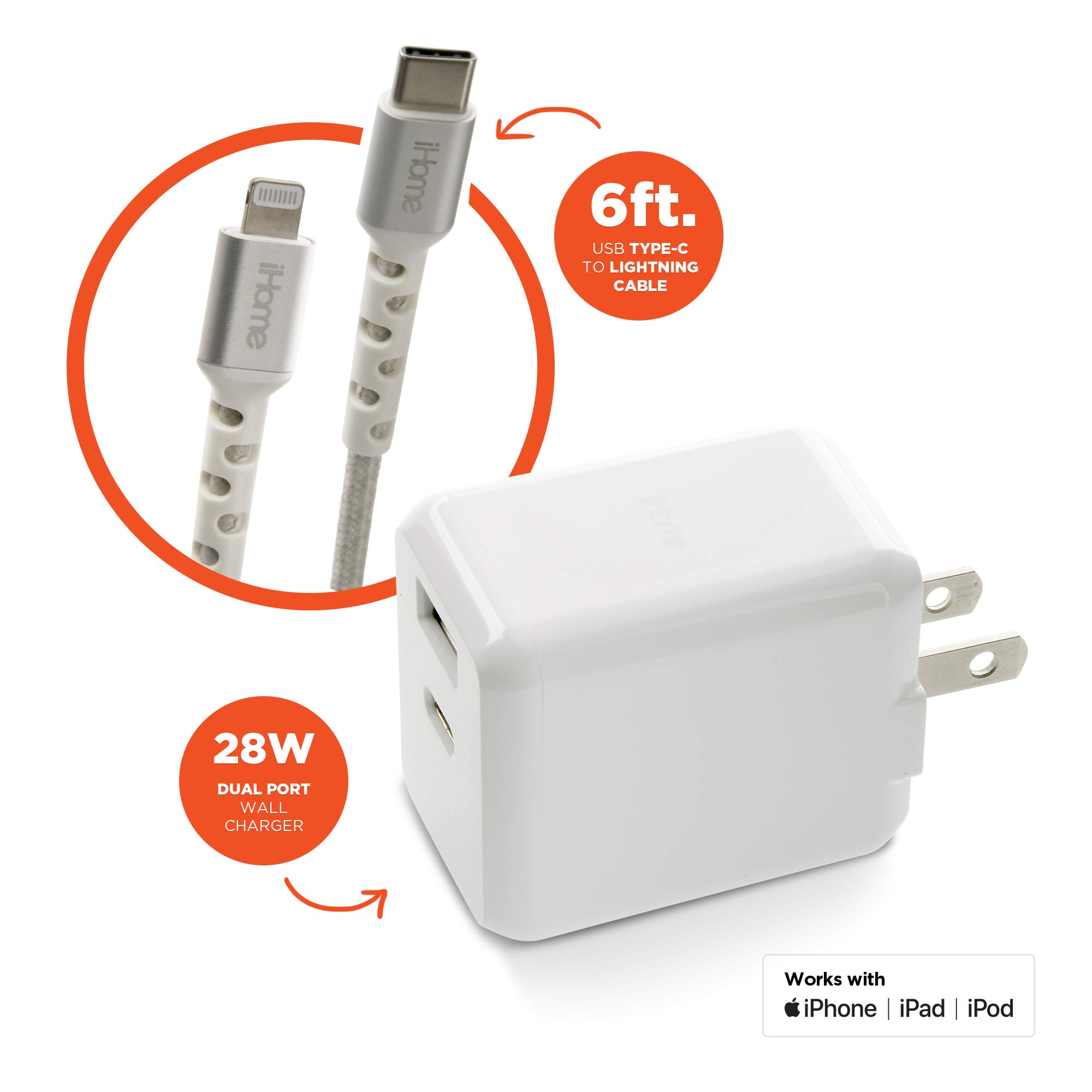 Buy Compact UltraFast Charging Bundle iHome 28W 2Port Power Delivery Wall Charger with USBA