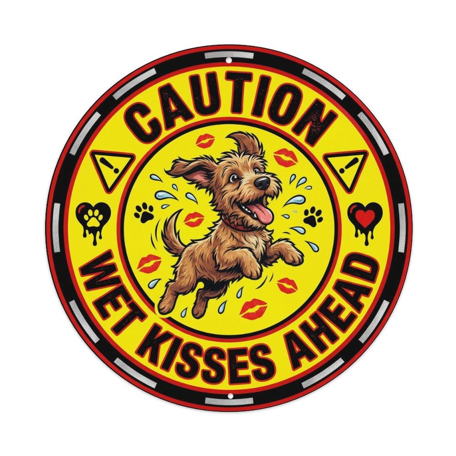 Vintage Caution Wet Kisses Ahead Entrance Metal Tin Sign Plaque Wall Decor for Cafe, Club, Garden Round Metal Poster 8x8Inch