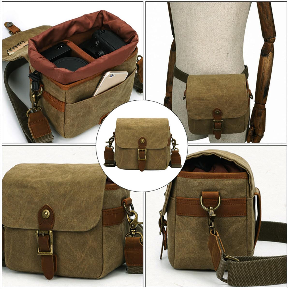 Bolsa para Cámara de Lona Caqui, Ligera y Portátil Cordón | Protección para Equipo Fotográfico, Formato de Viaje, Estilo Bandolera Asa Ajustable