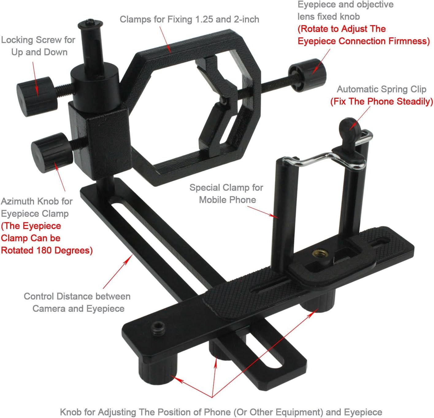 Astromania Plate for The Flash Shoe of DSLR Cameras - Bundle with - Deluxe Metal Telescope Mount Phone & Camera Universal Adapter