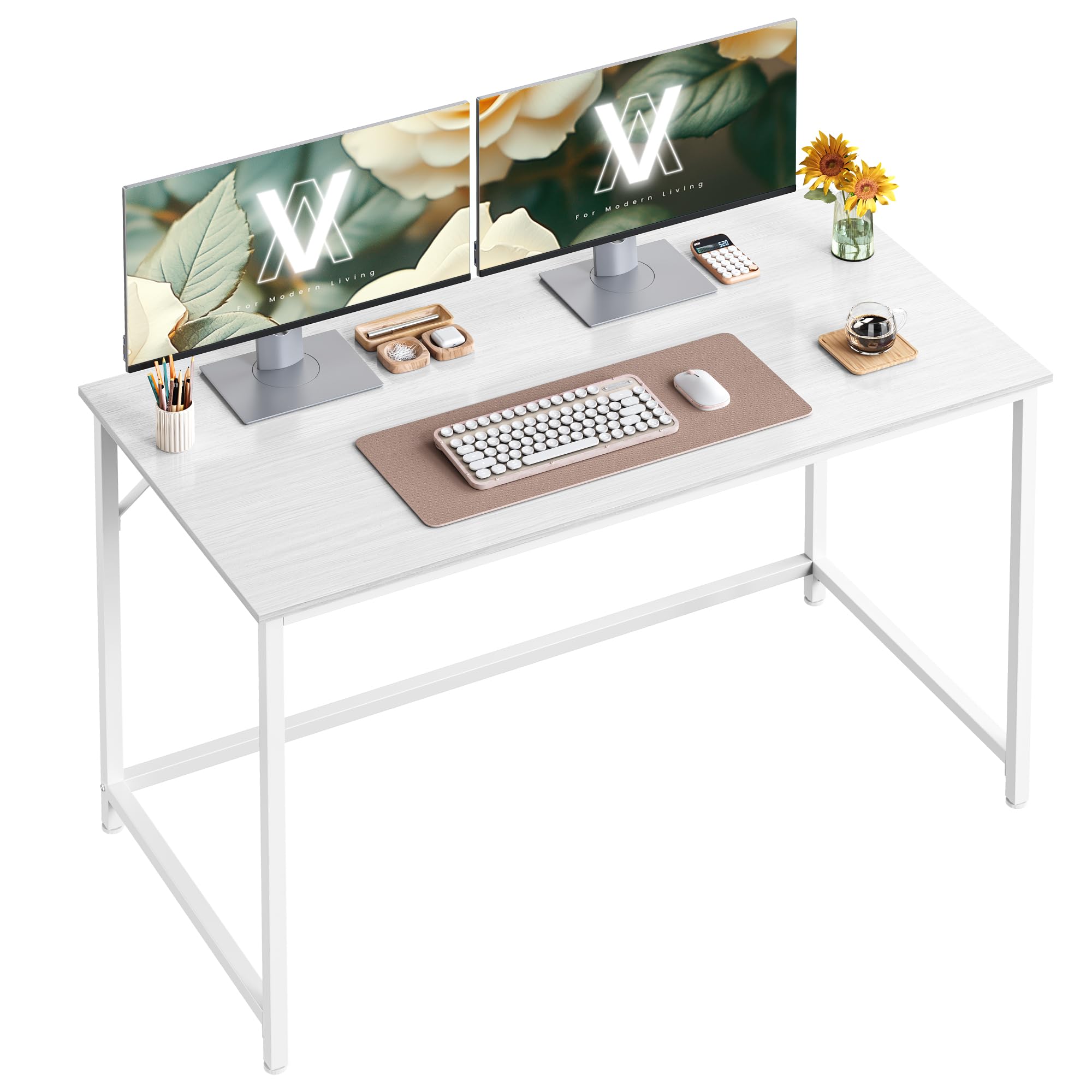 VASAGLE Escritorio, Mesa Oficina Pequeña y Estación Trabajo, Mesa para Teletrabajo, Estudio, Dormitorio, 60 x 120 x 76 cm, Estilo Moderno, Estructura Metal, Blanco Arce LWD039W01