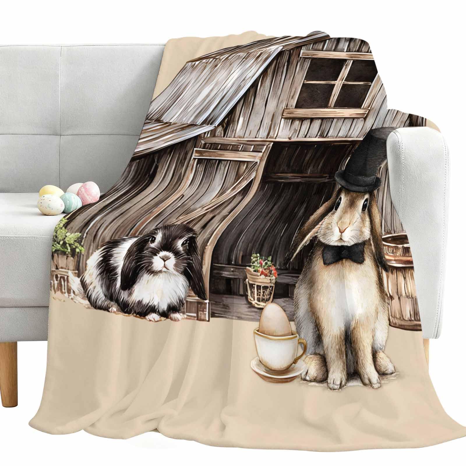 Easter Rabbit Flannel Fleece Throw Blanket Farmhouse Black Hat Bunny Cup Egg Linen Texture Super Soft Fuzzy Blankets Cozy Warm Lightweight Bed Throws for Couch Sofa Travel Camping, 82x120cm