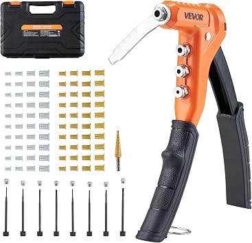 VEVOR Rivet Nut Tool Kit, 9-Inch One-Handed Rivnut Tool Kit, with 8 Mandrels, a Step Drill Bit and 80 Nuts, Metric and SAE Size M3, M4, M5, M6, 6-32, 8-32, 10-24, 1/4-20 UNC, with a Carrying Case