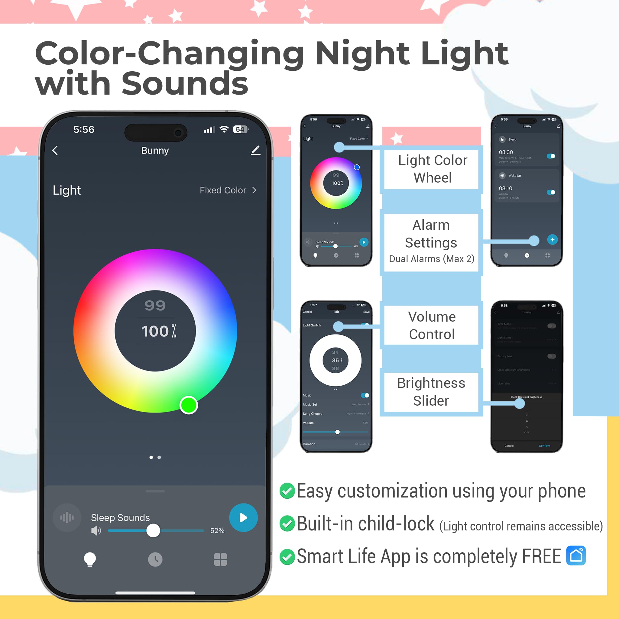 Bumble & Bright Wecker für Kinder mit App-Steuerung, niedlicher USB-C-Kabel für Kinder und Kleinkinder, mit 8 Nachtlicht-Farben und 6 beruhigenden Geräuschen (Hase) (Wolke)