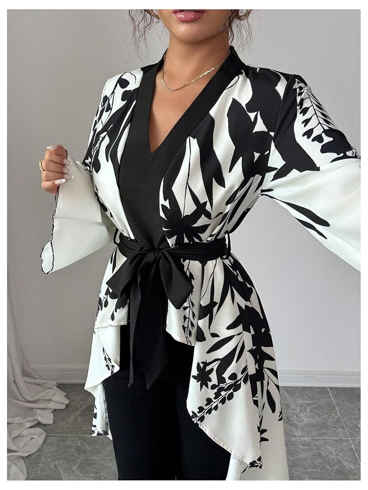 MakeMeChic Women's Floral Bell Sleeve Blouse V Neck High Low