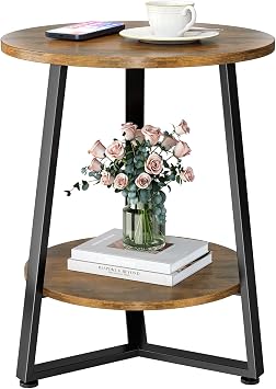 Round Side Table, 2-Tier Small End Table with Storage Shelf, Ultra Stable Coffee End Table/Nightstand, Modern Farmhouse Couch Table for Living Room, Bedroom, Bedside Stand or Small Spaces, Brown