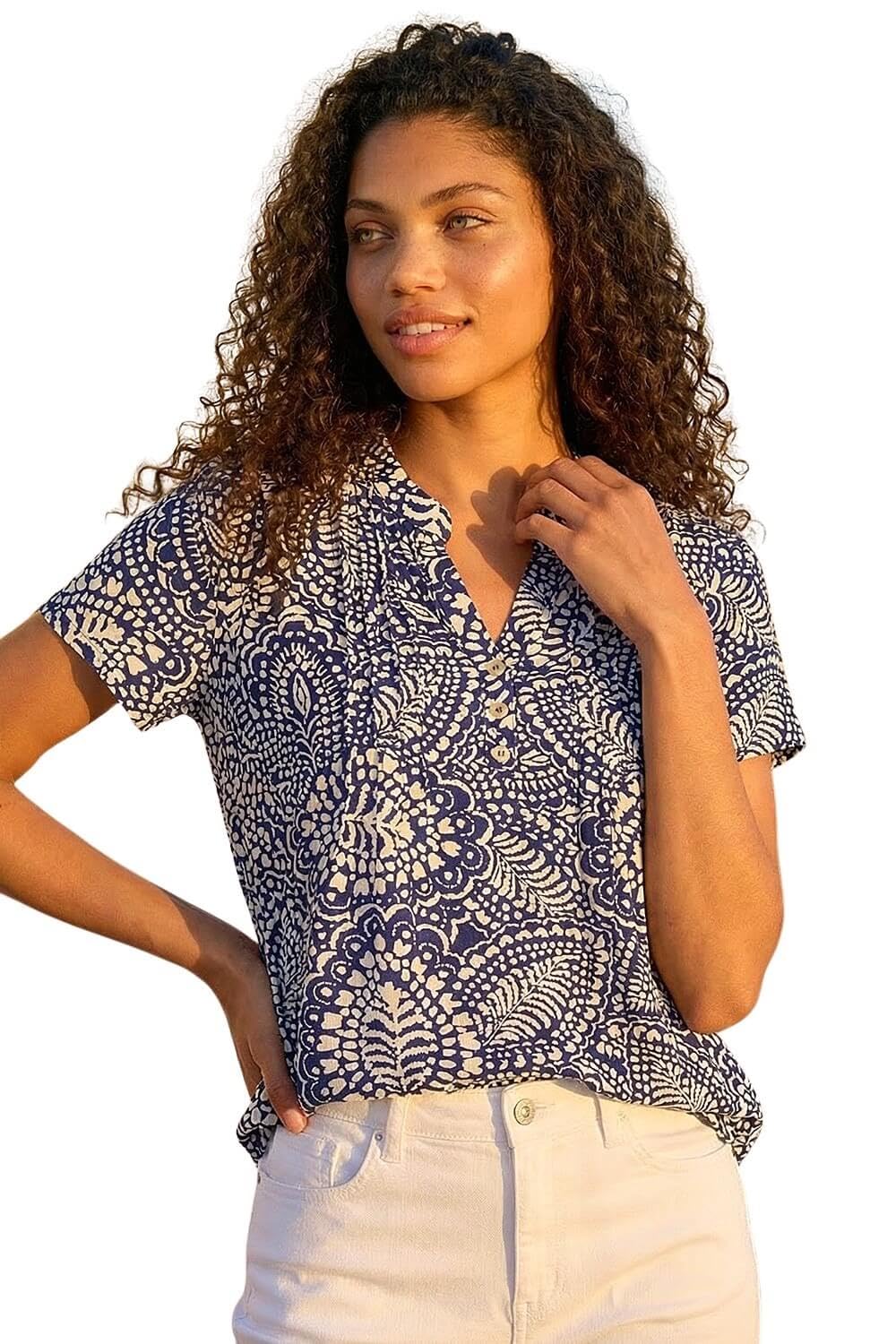 Roman Women's Navy Petite Abstract Print Button Stretch Top In | : Size 18