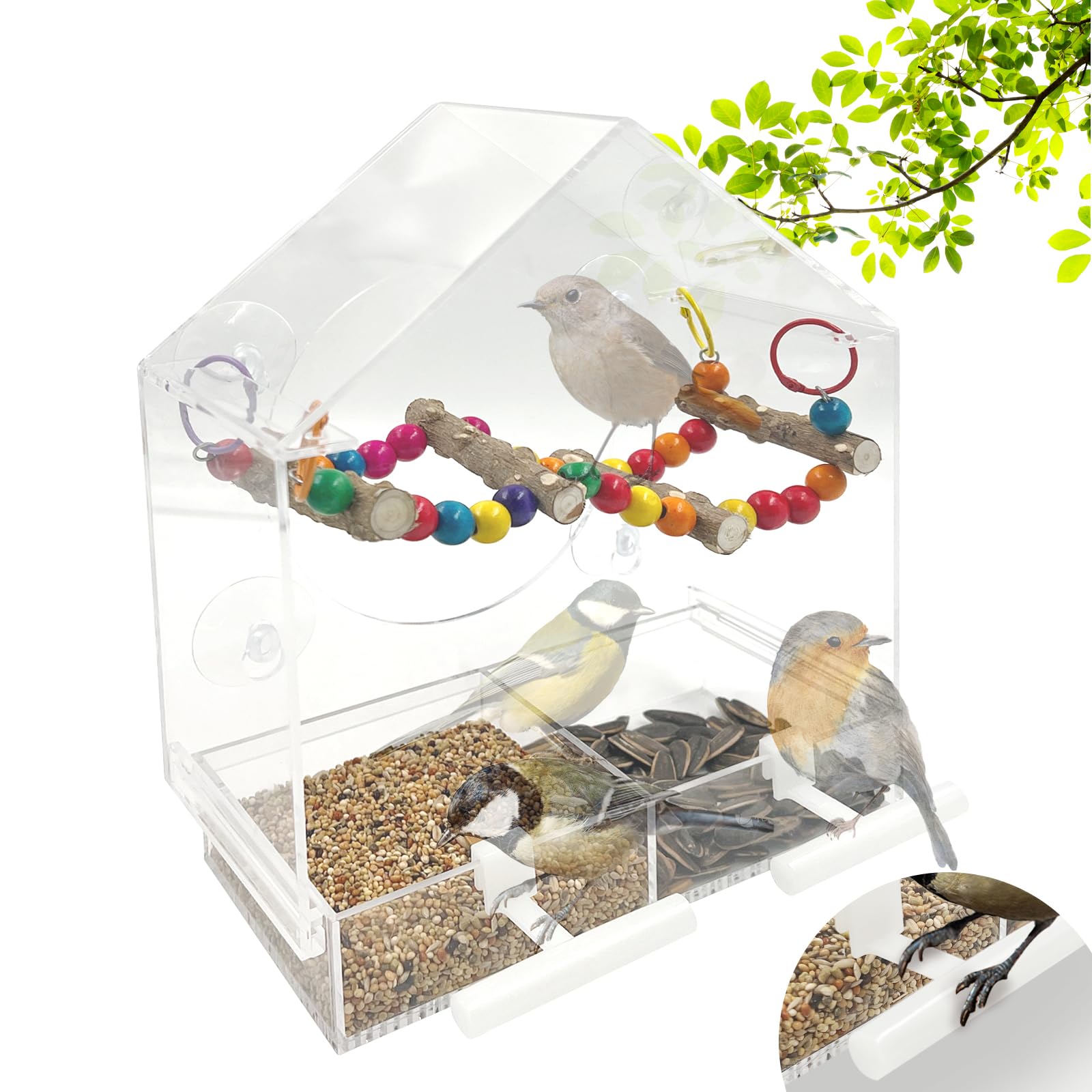 Mangeoire à oiseaux sur fenêtre avec plateau amovible anti-gaspillage