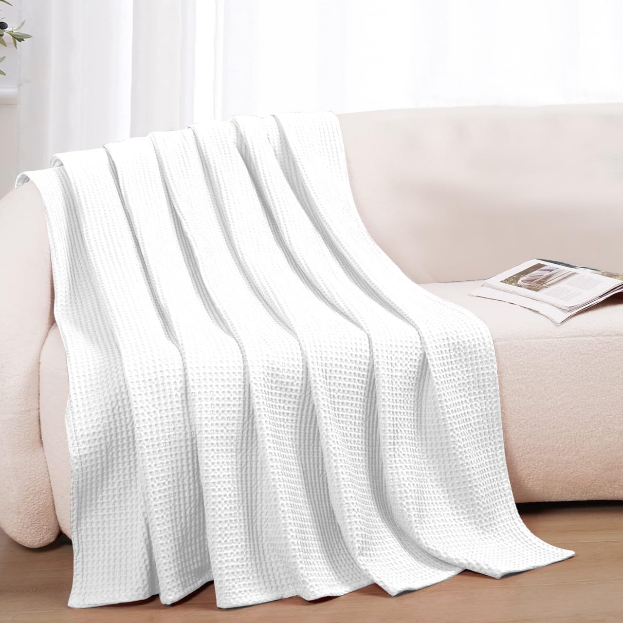 100% Cotton Blankets Throw Size for Bed - Waffle Weave Blankets for Summer, Lightweight and Breathable Soft Woven Blanket for Spring (White, Throw (50