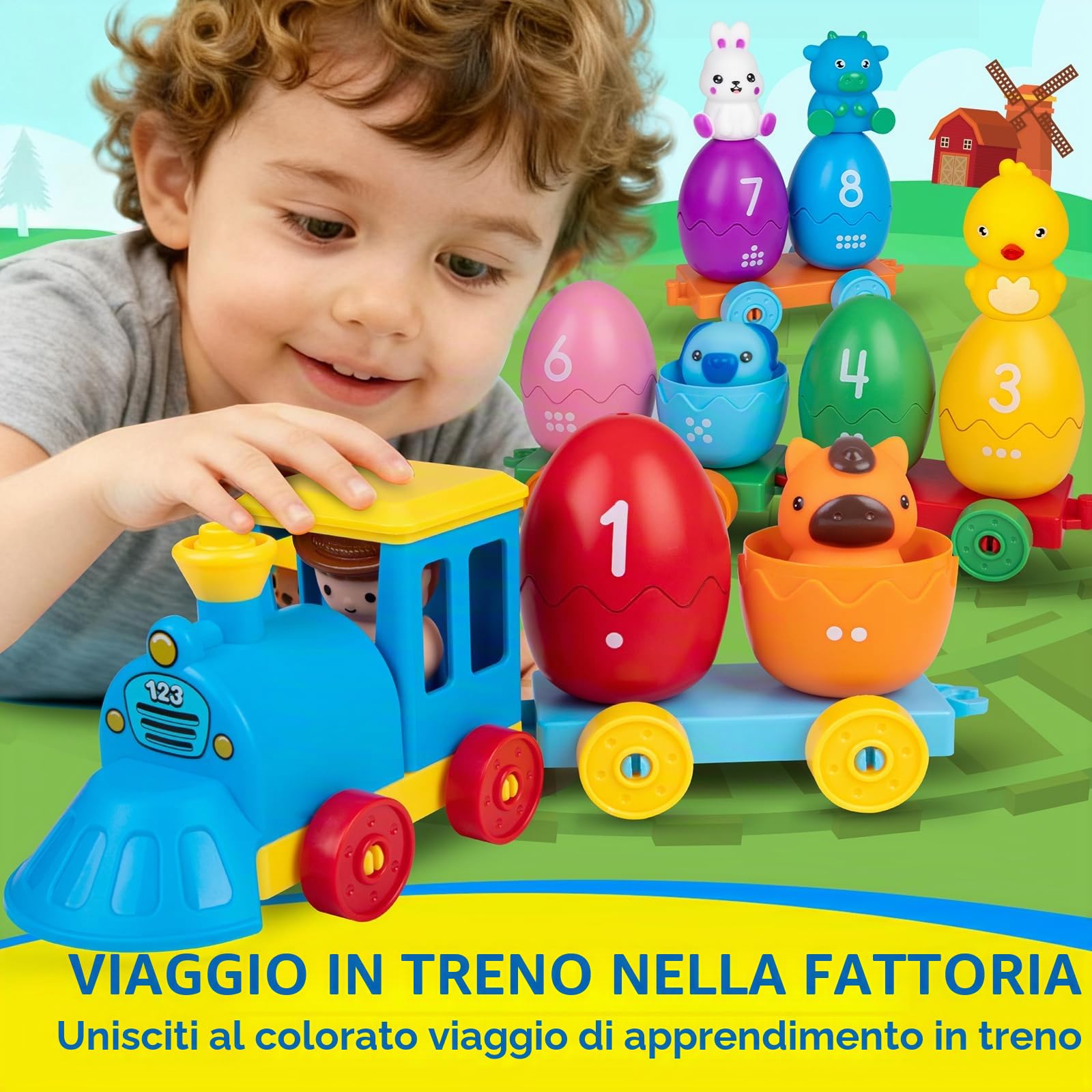 Quanquer Trenino Fattoria per Bambini 18+ Mesi, Giocattolo Educativo Montessori per Contare, Ordinare e Abbinare, Ideale per attività Prescolari e Come Regalo Perfetto di Natale e Compleanno