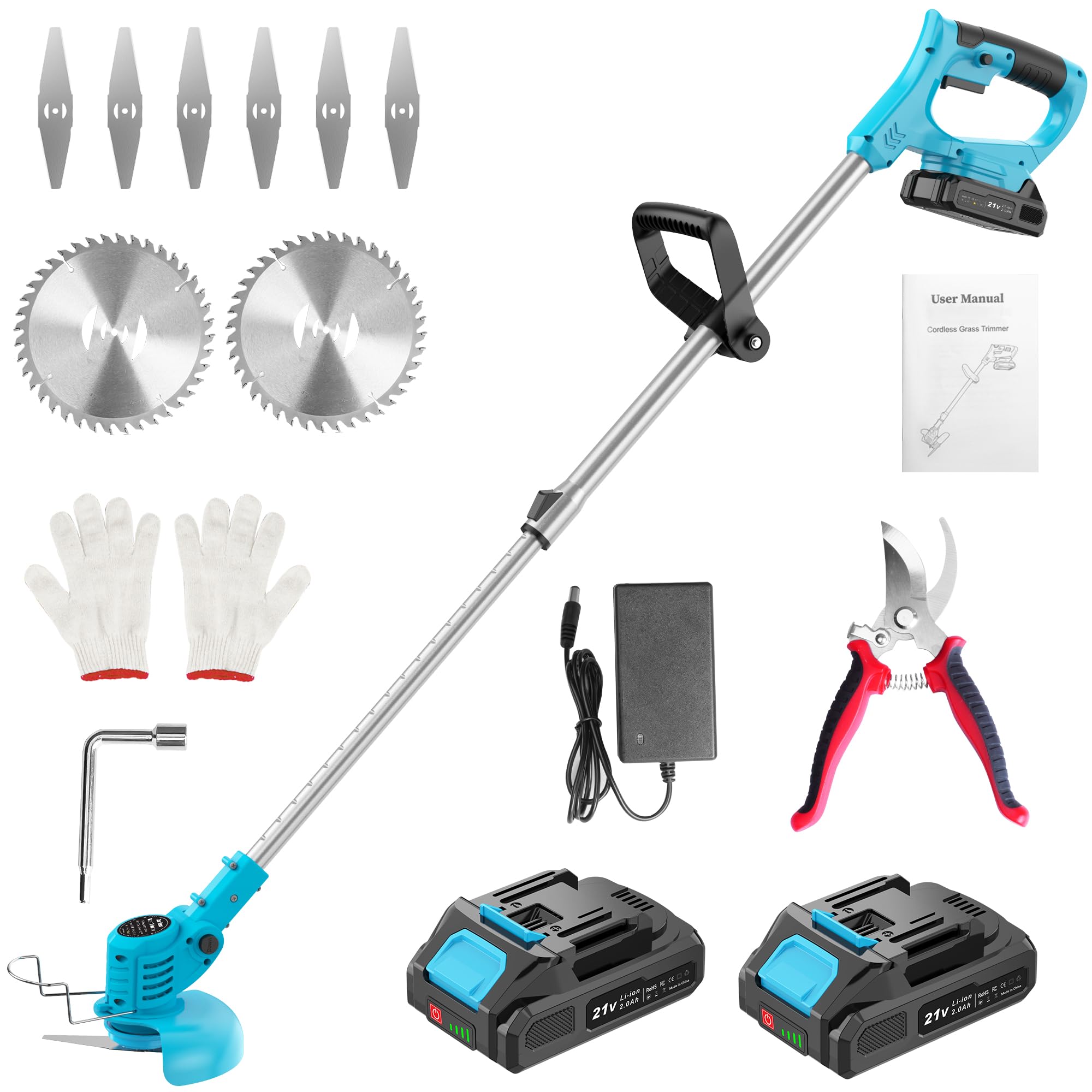 21V Cordless Strimmer, Electric Grass Trimmer and Brush Cutter with 2 x 2.0Ah Batteries, 6 Metal Blades, 2 Saw Blades, Adjustable Telescopic Shaft and Pruning Shears for Garden & Lawn, Blue
