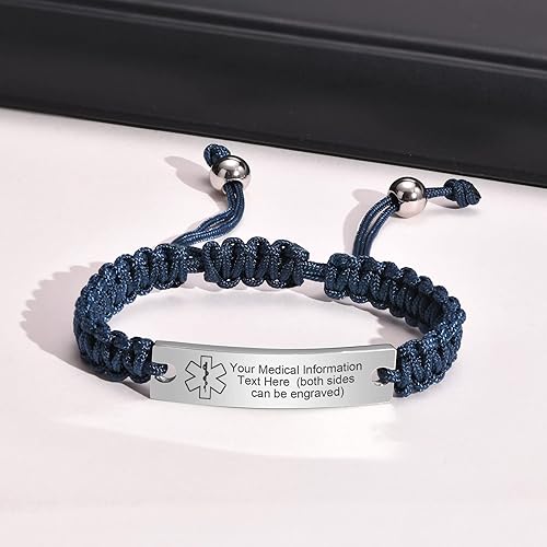 Miniatura 4 de MEALGUET Pulsera de identificación médica para hombres y mujeres, grabado gratuito, hecha a mano, cuerda trenzada ajustable, pulsera de