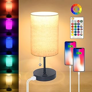 Lamps for Bedrooms Color Changing Bedside Lamp Nightstand Lamp with 2 USB Port and Outlet, KOLLNIUN 3-Way Dimmable Table Lamps, Modern Night Stand Light Lamp for Living Room Fabric Shade RGB LED Bulb
