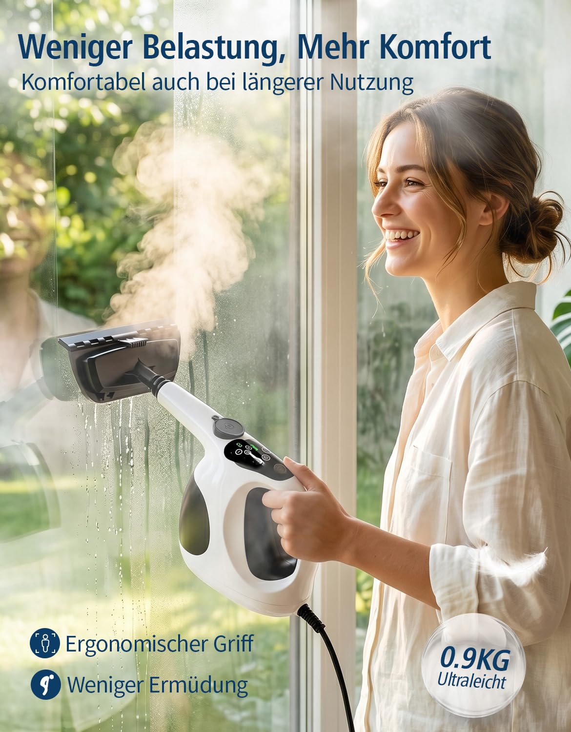 Limpiador de Vapor 1200W, Calentamiento en 5S, 3 Modos | Depósito 400ml, recarga continua, 105°C, control con 1 botón, sin productos químicos, 10 accesorios