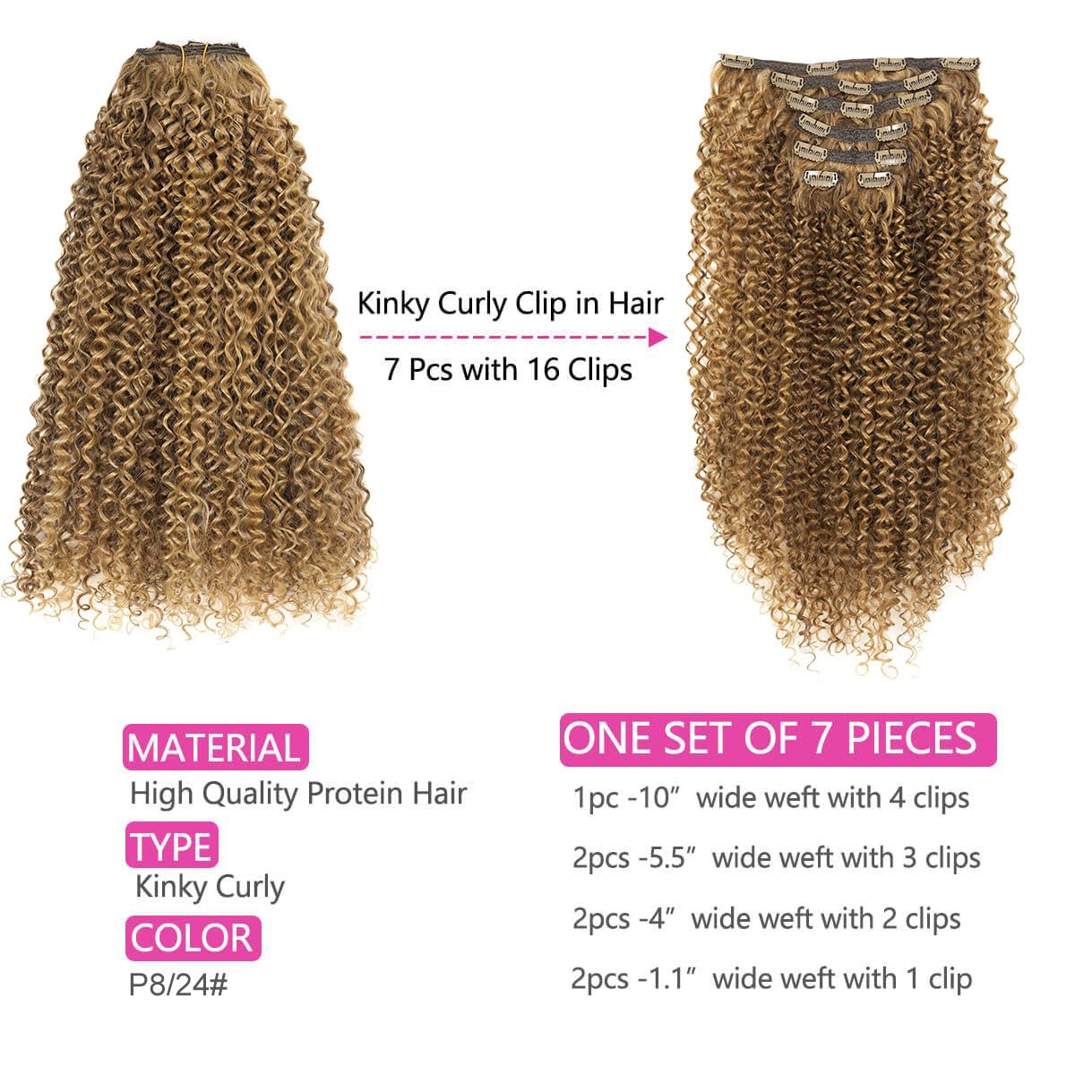26 Inch Kinky Curly Clip-In Synthetic Hair Extensions, 7-Piece Set