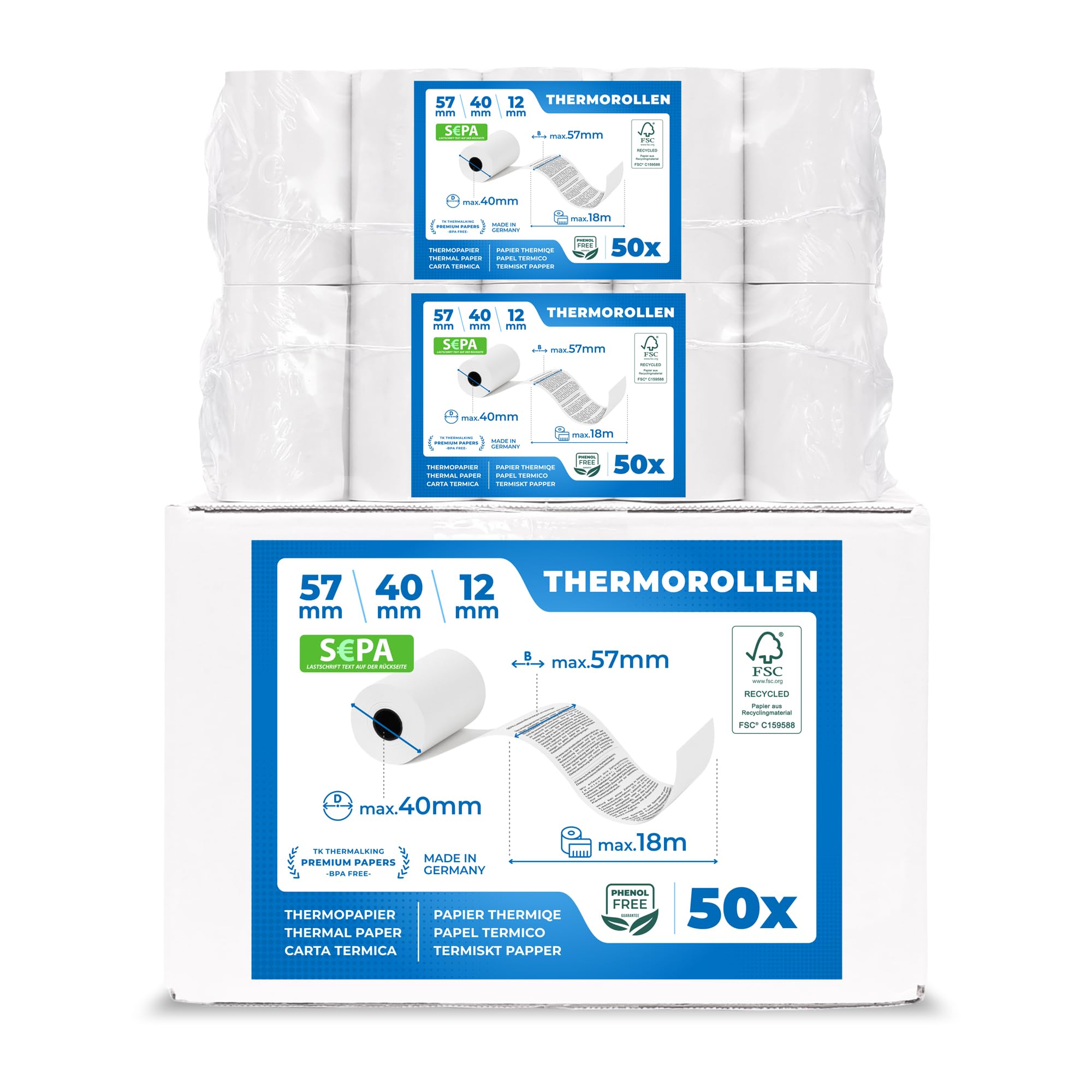50 x EC Cash Thermal Rolls with Sepa Direct Debit Text, White