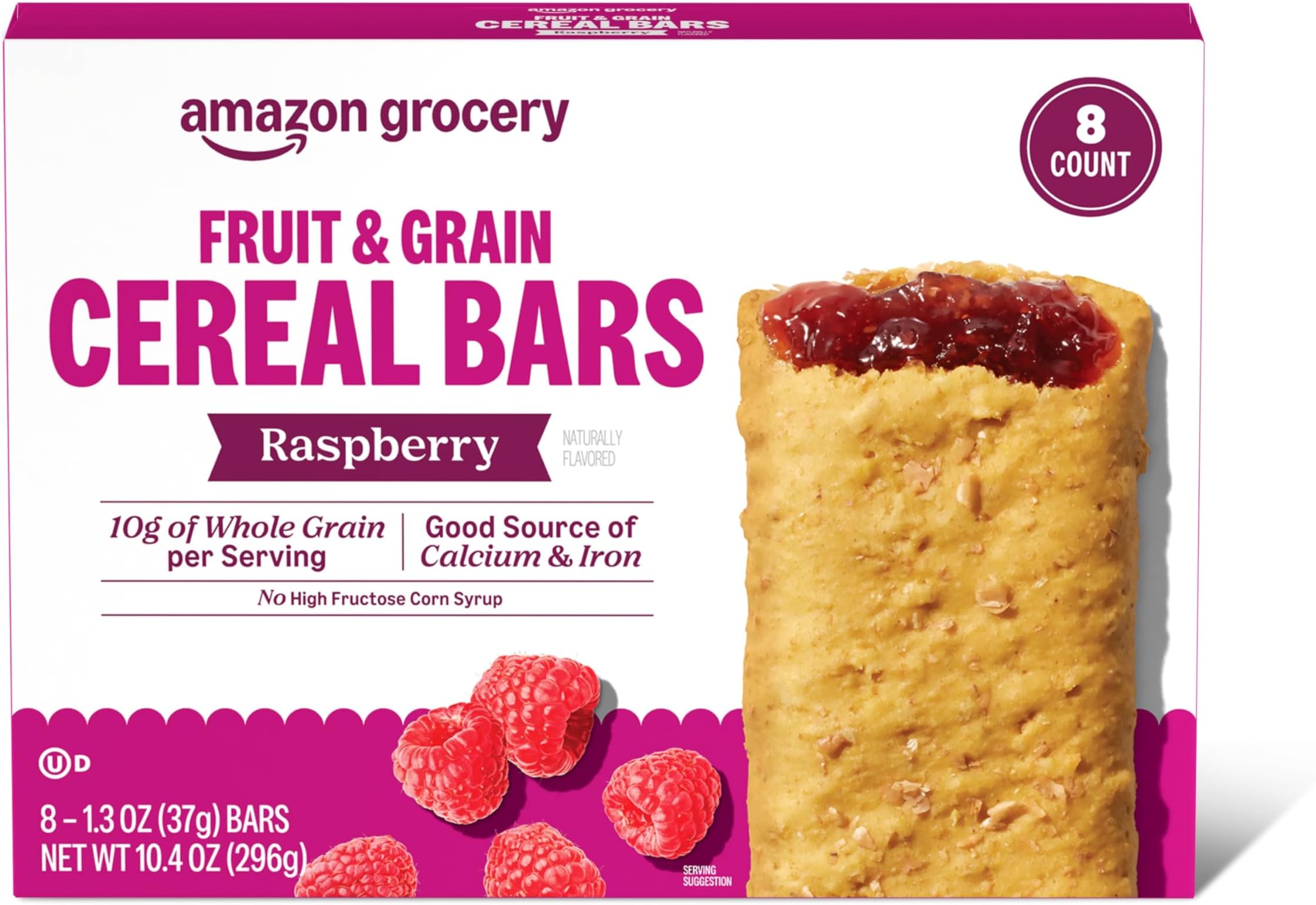 Amazon Grocery, Fruit & Grain Cereal Bars, Raspberry, 1.3 Oz, 8 Ct