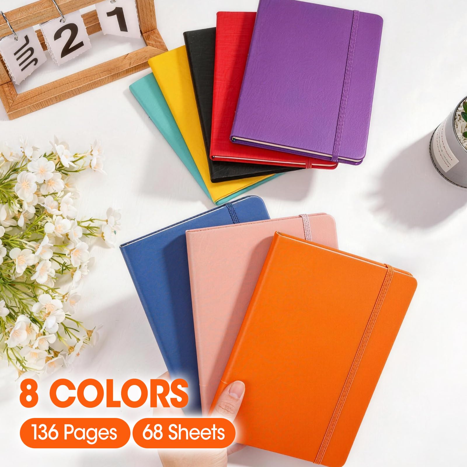 Confezione da 8 quaderni a righe per lavoro, formato A5 con copertina rigida (14 x 21 cm), 8 colori, 136 pagine, a righe, medio, per scrivere, prendere appunti, lavoro, scuola casa