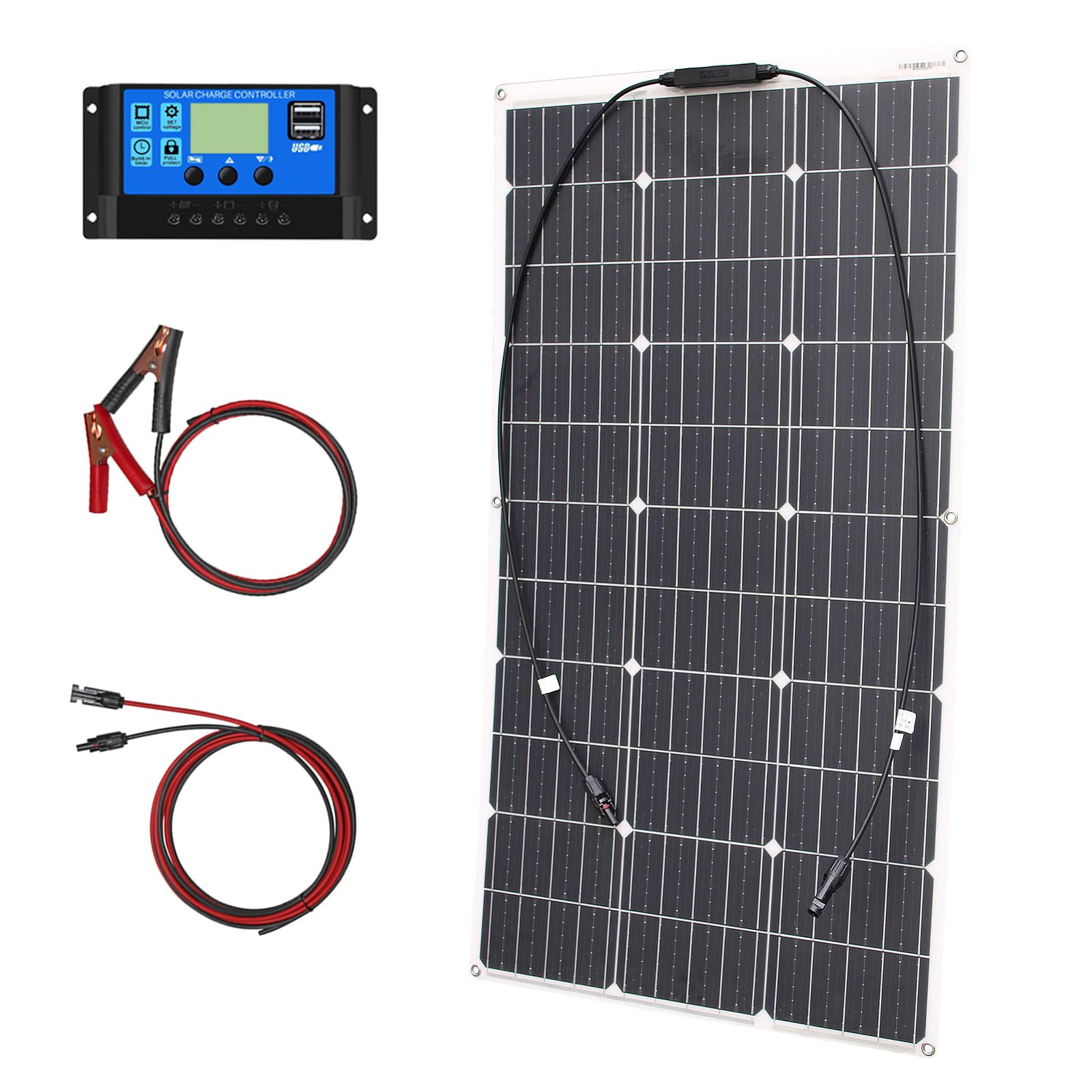100W 12V Solar Panel Kit Flexible Monocrystalline Solar Panel with 10A Solar Charge Controller and 3m Solar Cable for Motorhome, Caravan, Off-Grid RV Battery Charging
