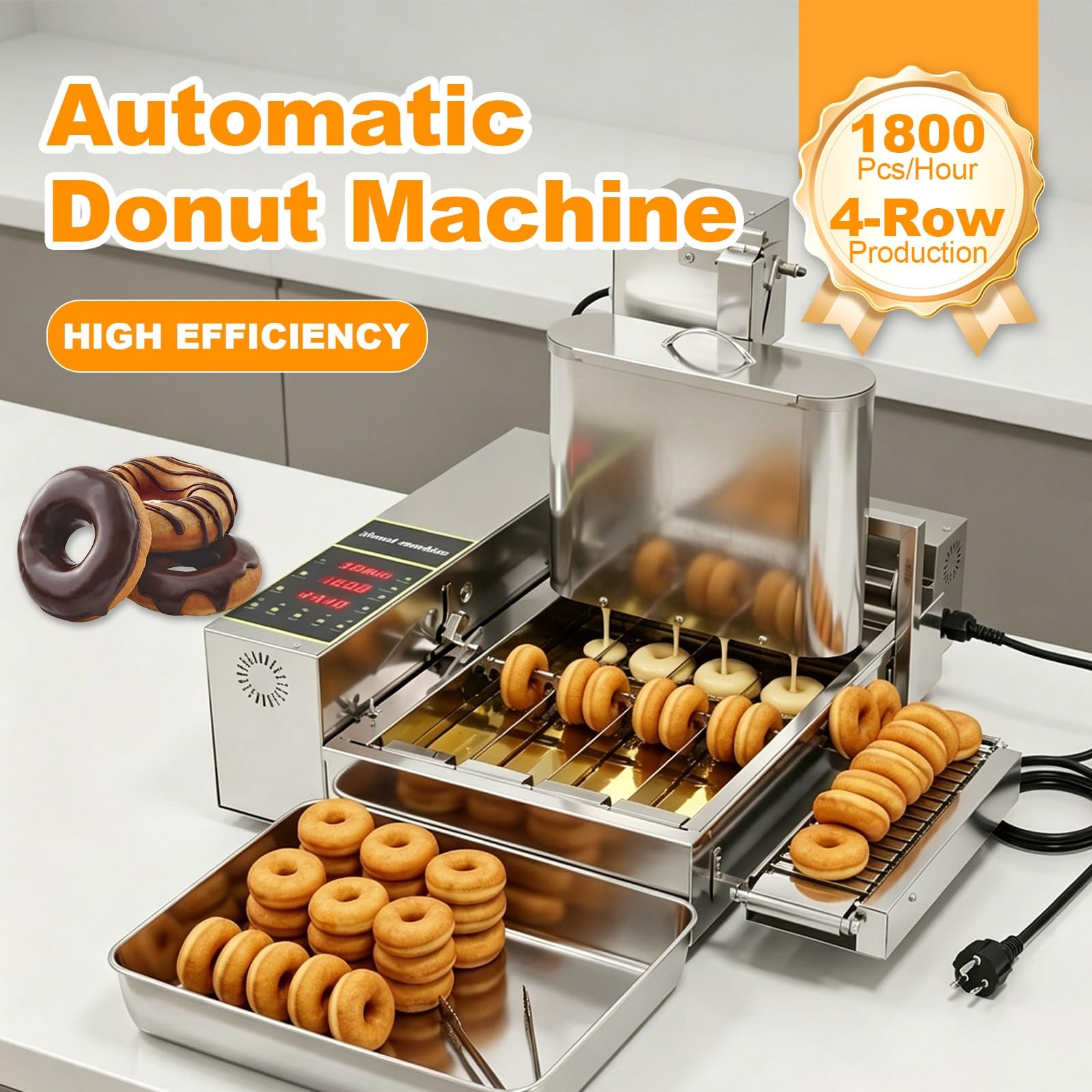 Machine à Beignets Automatique Professionnelle, Friteuse à Donuts 4 Rangées, Capacité 1800 Pcs/h, Acier Inoxydable 304, Équipement de Boulangerie et Pâtisserie Professionnel(110V)