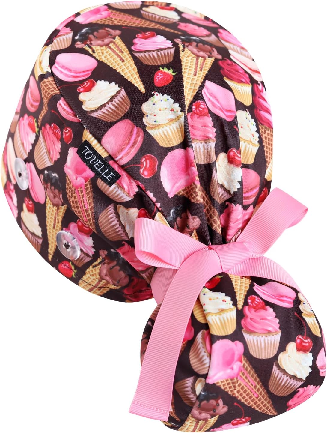 Scrub Caps Women Ponytail – Ice Cream Cupcakee Double-Sided Printed Surgical Hat with Buttons and Sweatband, Soft Nurse Cap for Long Hair, Helps Reduce Static Buildup