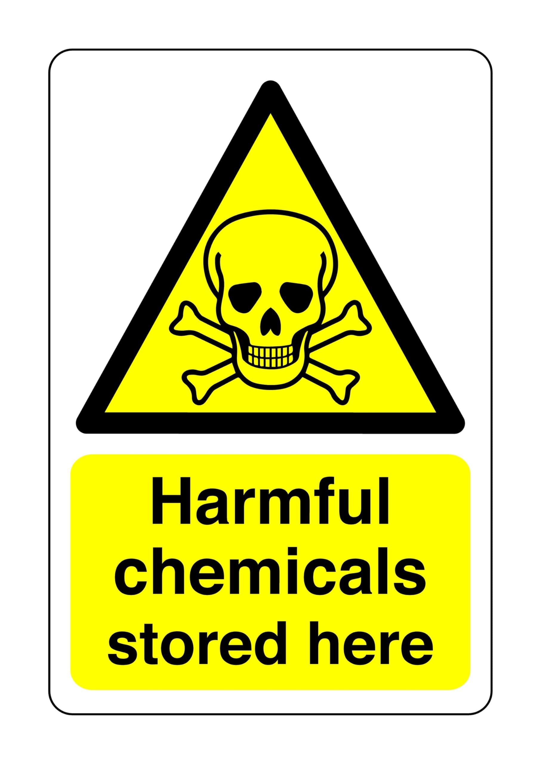 Harmful chemicals stored here sign - Corrosive, Hazardous, Chemicals, Harmful, Irritant - 1.2mm Rigid plastic for indoor/outdoor usage (400mm x 300mm) Viewing Distance within 14m.