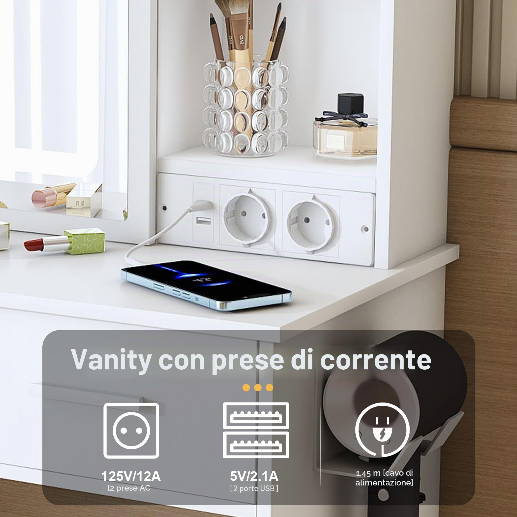 Piccolo tavolo da toeletta bianco con specchio, illuminazione a LED regolabile e presa elettrica, incluso sgabello imbottito, spazio nascosto e ripiano salvaspazio, per piccole camere da letto
