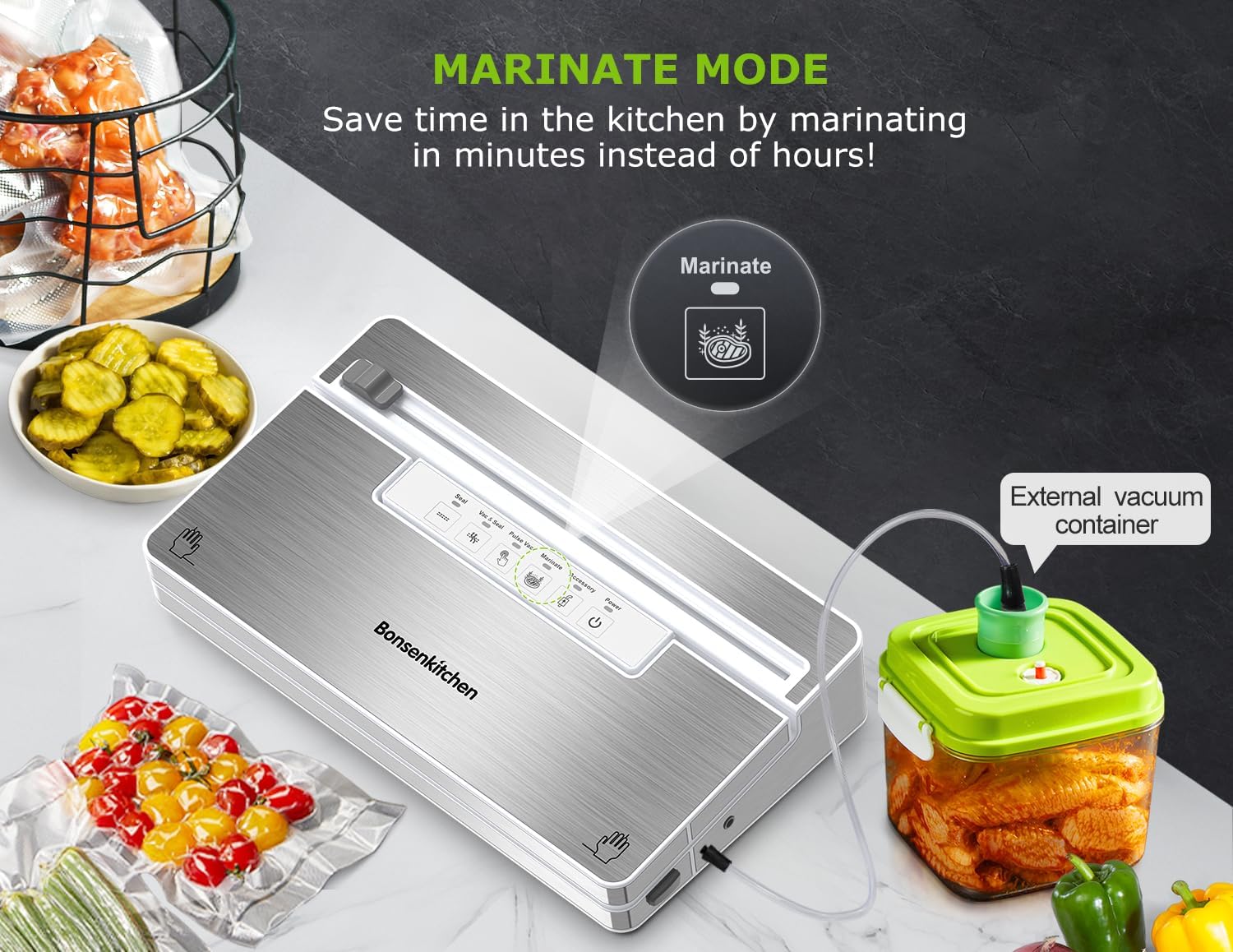 Bonsenkitchen Vacuum Sealer in Marinate mode, connected to an external vacuum container with food.