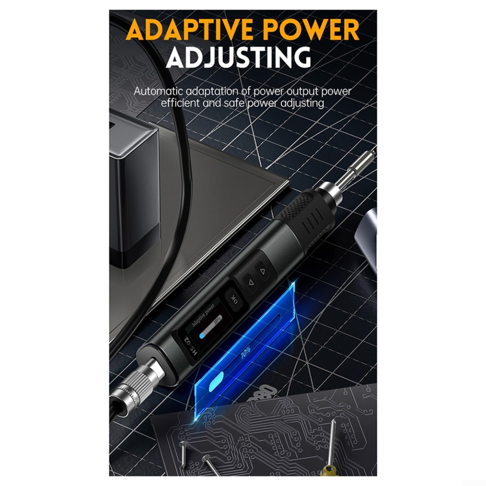 Saldatore intelligente da 100 W per FNIR HS-02B, per USB-C PD/QC | Lega di alluminio CNC, gamma 100-450 °C, riscaldamento rapido PD/QC, per protezione ESD, include 3 punte e supporto