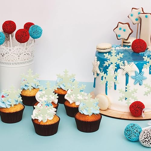 Miniatura 5 de Gyufise 50 piezas blancas comestibles para cupcakes, copos de nieve, decoración de tartas para Navidad, invierno, suministros de fiesta de cumpleaños