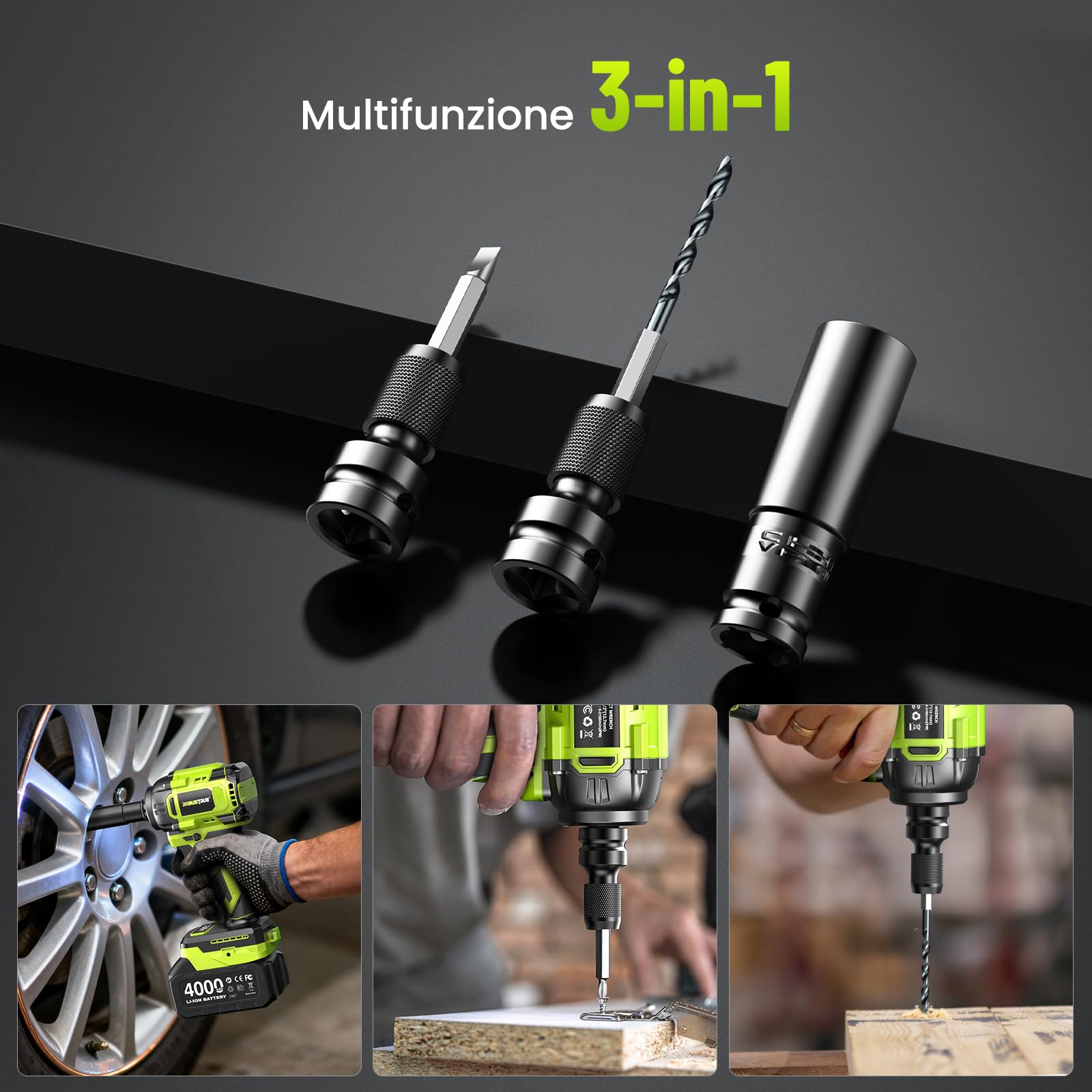 Robustrue 800 N·m Avvitatore a impulsi a batteria 1/2", motore brushless ad alta coppia, fino a 2800 giri/min, 2 batterie 4,0Ah con caricatore, 4 bussole, ideale per auto e uso domestico