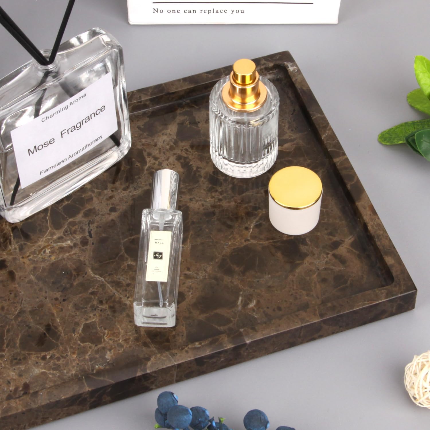 Marble Bathroom Vanity Tray, Natural Marble Home Kitchen Bathroom Table Tray, Stone Decorative Countertop Serving Trays for Coffee Perfume Jewelry Makeup (1, Dark Brown, 12 * 8 * 0.8) - Image 3