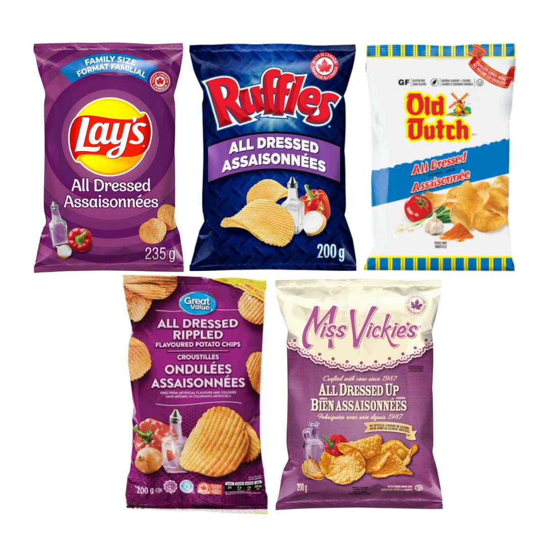All Dressed Potato Chips Variety Pack of 5, Lays, Ruffles, Old Dutch, Miss Vickies & Great Value (Shipped from Canada)