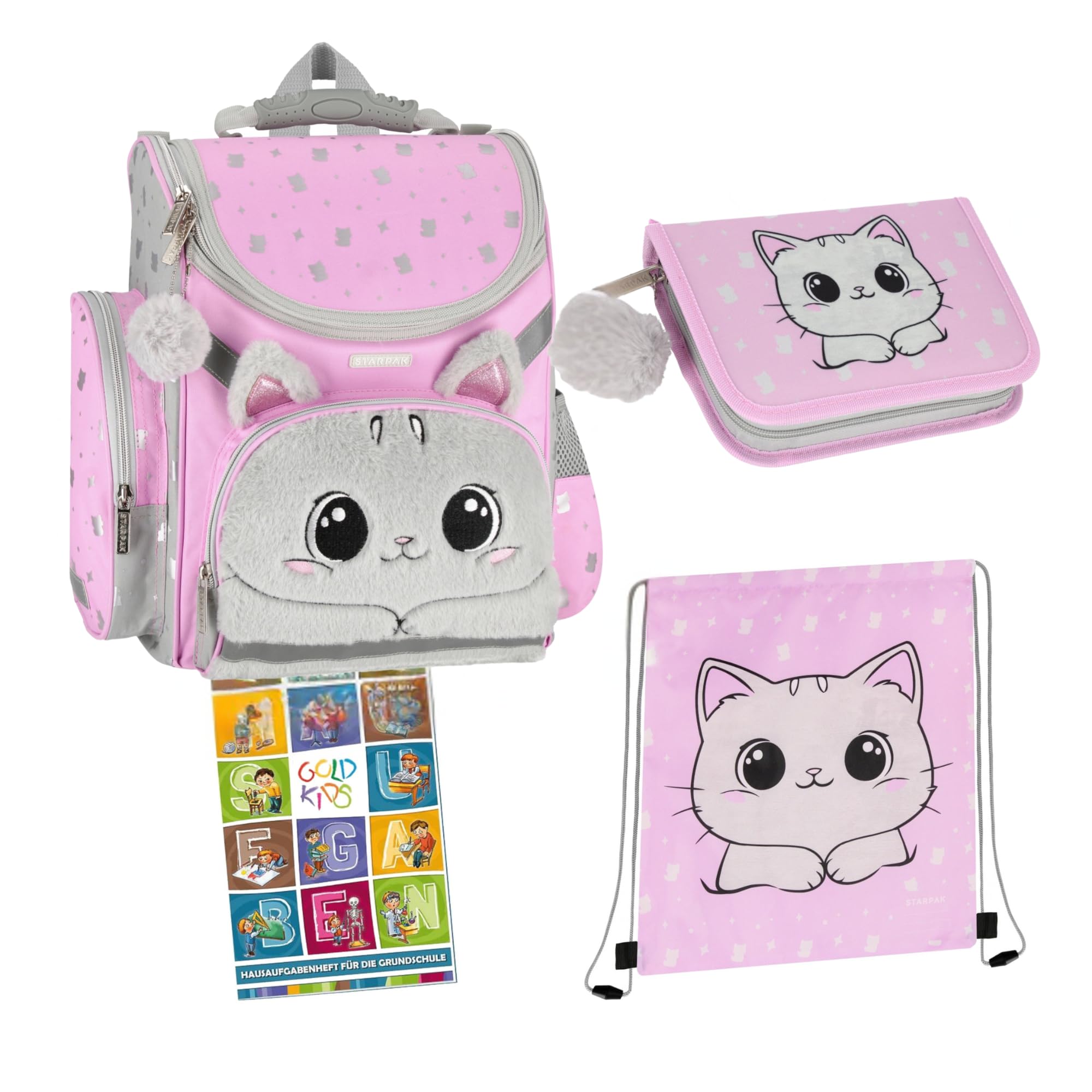 Goldkids - Schulranzen für Jungen und Mädchen, 4er-Set - Schul-Rucksack für Kinder mit Federmäppchen - Schuhbeutel und Hausaufgabenheft - Katze Motiv - 1-3 Klasse