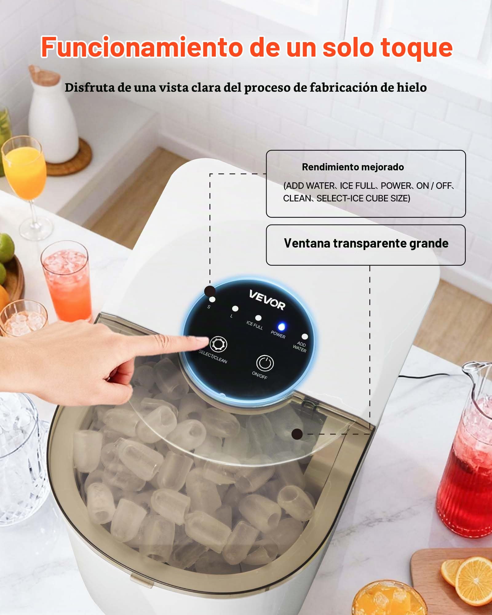 VEVOR Máquina de Hielo de Mesa, 7 Cubitos de Hielo en 6 Minutos, 11,8 kg al Día, Autolimpiable, Helado Esférico, con Pala, ideal para el Hogar, la Cocina, la Oficina, Bares y Fiestas, Blanco
