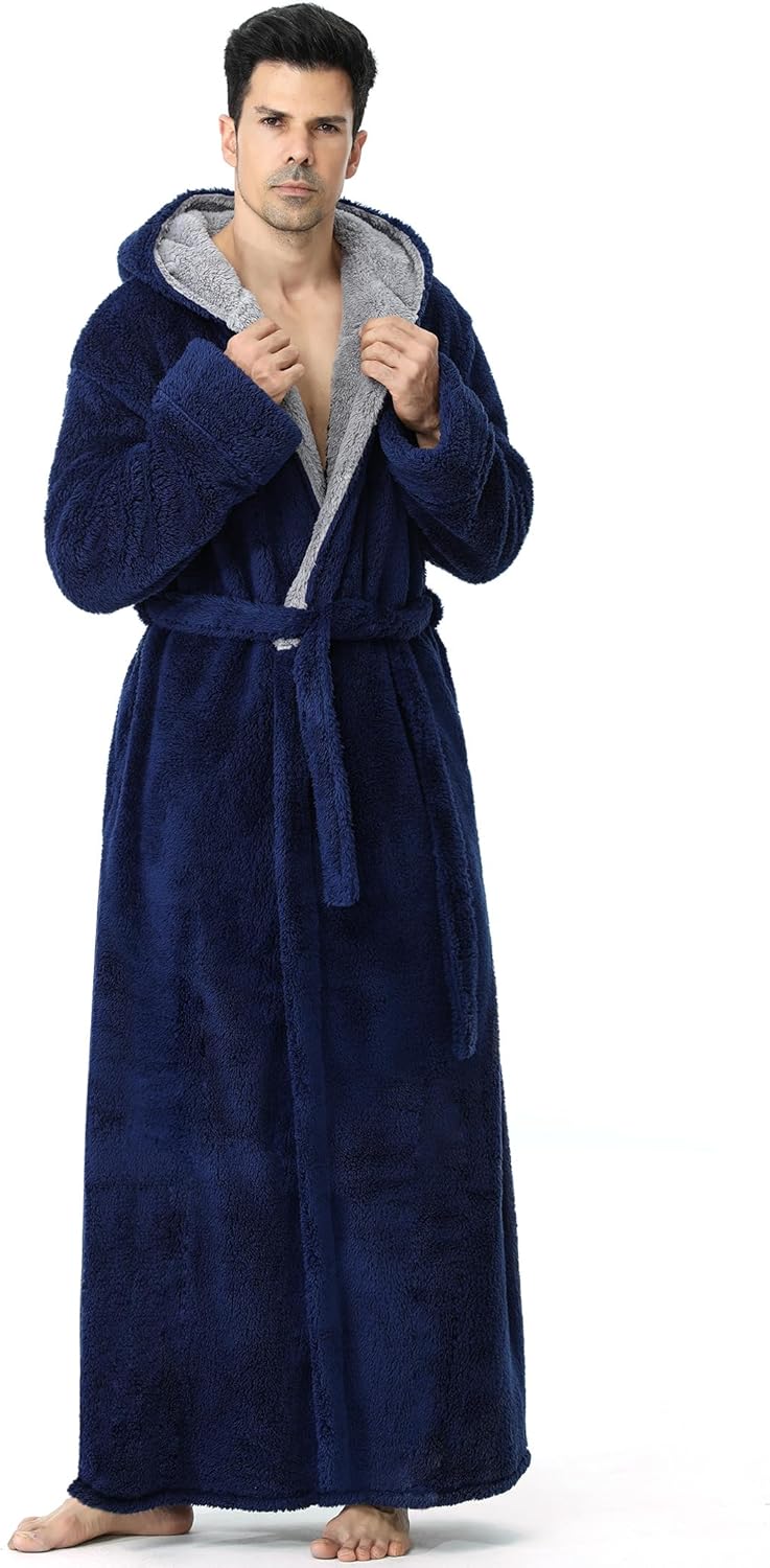 Artfasion Mens Hooded Plush Robe: Fluffy Long Spa Bathrobe Fleece Warm Shower Bath Robes House Coat for Winter Gifts