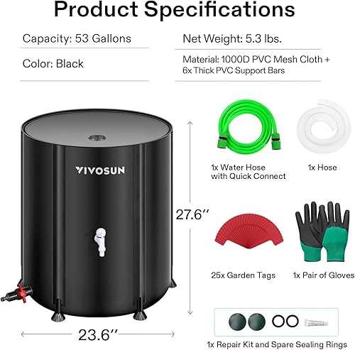 Miniatura 7 de VIVOSUN Barril de lluvia plegable, tanque de almacenamiento de agua de 53 galones con tela Oxford 1000D, sistema portátil de recolección de lluvia
