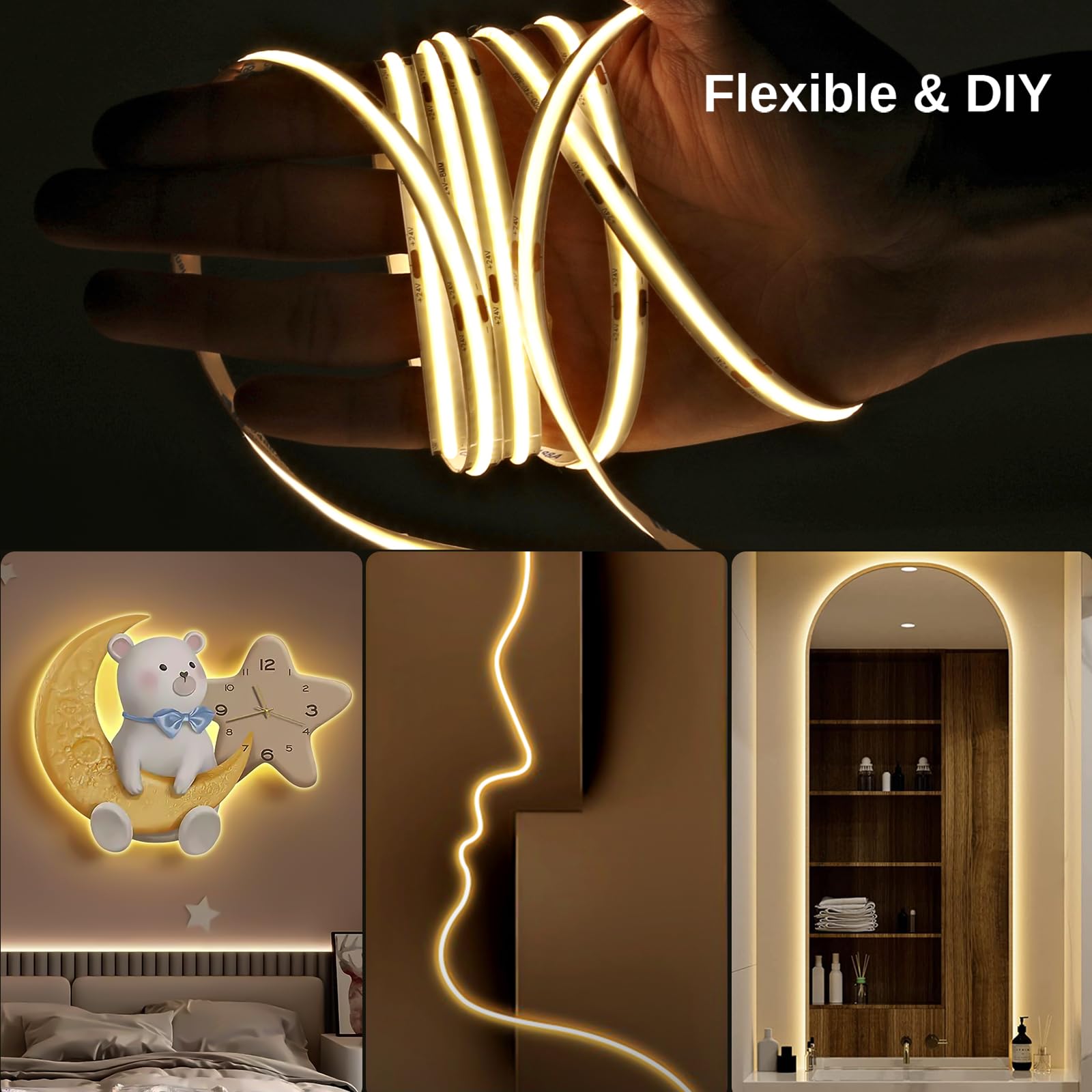 Tira de luces LED COB de 20 m, blanco cálido, 3000 K, 24 V, regulable, flexible, con fuente de alimentación y mando a distancia RF, CRI 90+ luz brillante para decoración del hogar, escaleras, cocina